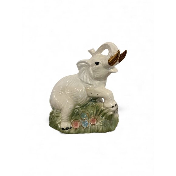 Vintage Ceramic Elephant Figurine With Gold-Tone Tusks On Grass & Flowers 11" x - Picture 5 of 7